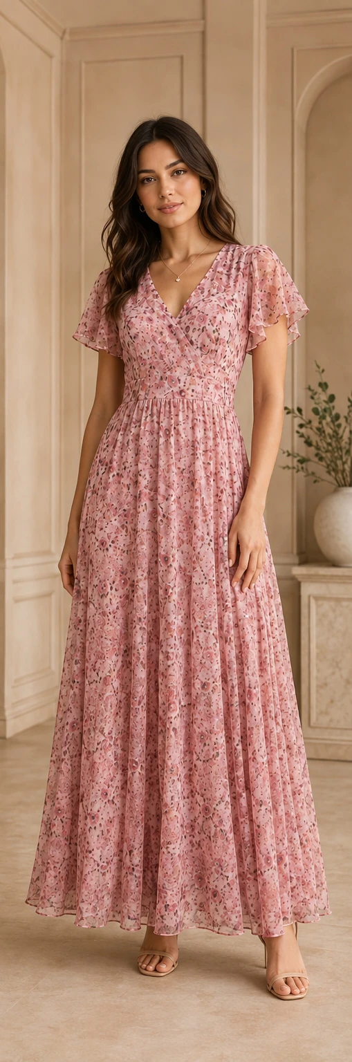 Modelo com vestido floral na vitrine ilustrativa